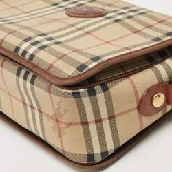 Pre Owned Burberry Beige/Tan Haymarket Check Coated Canvas and Leather Flap Crossbody Bag