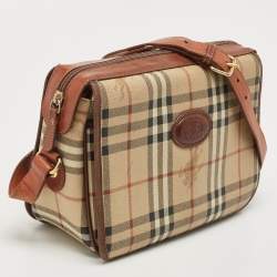 Pre Owned Burberry Beige/Tan Haymarket Check Coated Canvas and Leather Flap Crossbody Bag