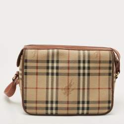 Pre Owned Burberry Beige/Tan Haymarket Check Coated Canvas and Leather Flap Crossbody Bag