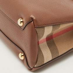 Pre Owned Burberry Brown/Beige House Check Fabric and Leather Small Banner Tote