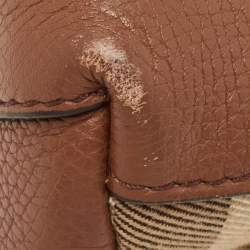 Pre Owned Burberry Brown/Beige House Check Fabric and Leather Small Banner Tote