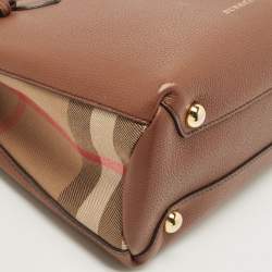 Pre Owned Burberry Brown/Beige House Check Fabric and Leather Small Banner Tote