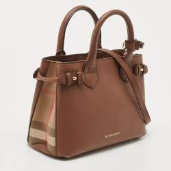 Pre Owned Burberry Brown/Beige House Check Fabric and Leather Small Banner Tote