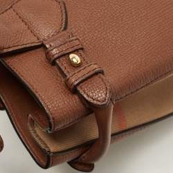 Pre Owned Burberry Brown/Beige House Check Fabric and Leather Small Banner Tote