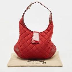 Pre Owned Burberry Red Quilted Nylon and Patent Leather Brooke Hobo