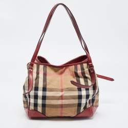 Burberry Dark Red/Beige House Check Canvas and Leather Small Canterbury Tote