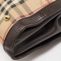 Pre Owned Burberry Brown/Beige Haymarket Check PVC and Leather Buckle Flap Bag