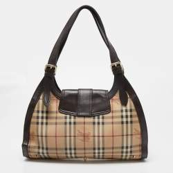 Pre Owned Burberry Brown/Beige Haymarket Check PVC and Leather Buckle Flap Bag