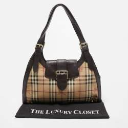 Pre Owned Burberry Brown/Beige Haymarket Check PVC and Leather Buckle Flap Bag