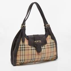 Pre Owned Burberry Brown/Beige Haymarket Check PVC and Leather Buckle Flap Bag
