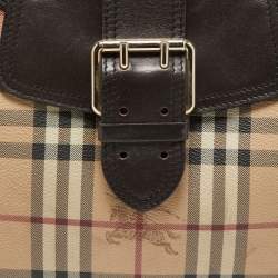 Pre Owned Burberry Brown/Beige Haymarket Check PVC and Leather Buckle Flap Bag