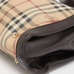 Pre Owned Burberry Brown/Beige Haymarket Check PVC and Leather Buckle Flap Bag