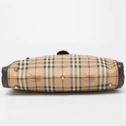 Pre Owned Burberry Brown/Beige Haymarket Check PVC and Leather Buckle Flap Bag