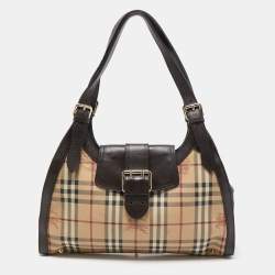 Pre Owned Burberry Brown/Beige Haymarket Check PVC and Leather Buckle Flap Bag