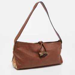 Pre Owned Burberry Brown Leather And Haymarket Coated Canvas Nova Tooth Shoulder Bag
