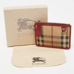 Pre Owned Burberry Red/Beige House Check Coated Canvas and Leather Zip Card Holder