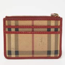 Pre Owned Burberry Red/Beige House Check Coated Canvas and Leather Zip Card Holder