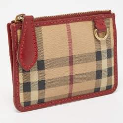 Pre Owned Burberry Red/Beige House Check Coated Canvas and Leather Zip Card Holder
