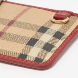 Pre Owned Burberry Red/Beige House Check Coated Canvas and Leather Zip Card Holder