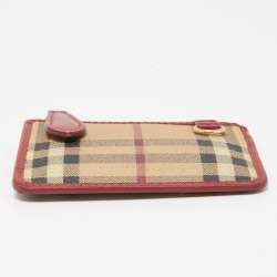 Pre Owned Burberry Red/Beige House Check Coated Canvas and Leather Zip Card Holder