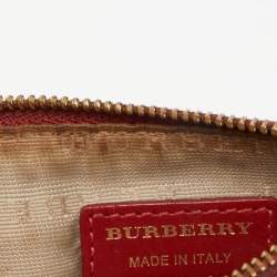 Pre Owned Burberry Red/Beige House Check Coated Canvas and Leather Zip Card Holder