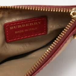 Pre Owned Burberry Red/Beige House Check Coated Canvas and Leather Zip Card Holder