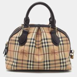 Pre Owned Burberry Beige/Brown Haymarket Check PVC and Leather Thornley Satchel
