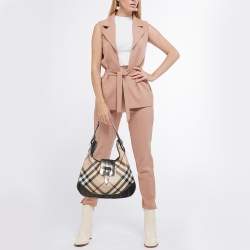 Pre Owned Burberry Metallic/Beige Nova Check PVC and Leather Brooke Hobo