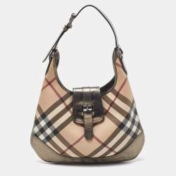 Pre Owned Burberry Metallic/Beige Nova Check PVC and Leather Brooke Hobo