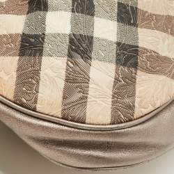 Pre Owned Burberry Silver/Beige Floral Embossed Supernova Check PVC and Leather Small Brooklyn Hobo