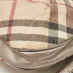 Pre Owned Burberry Silver/Beige Floral Embossed Supernova Check PVC and Leather Small Brooklyn Hobo