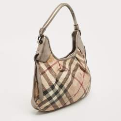 Pre Owned Burberry Silver/Beige Floral Embossed Supernova Check PVC and Leather Small Brooklyn Hobo