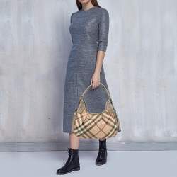 Pre Owned Burberry Silver/Beige Floral Embossed Supernova Check PVC and Leather Small Brooklyn Hobo