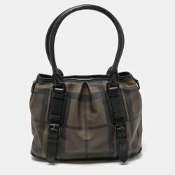 Pre Owned حقيبة يد بربري لوري جلد و PVC كاروهات سموكد بنية