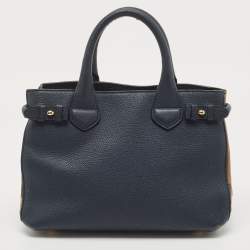 Pre Owned Burberry Navy Blue/Beige House Check Fabric and Leather Small Banner Tote