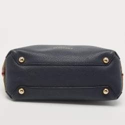 Pre Owned Burberry Navy Blue/Beige House Check Fabric and Leather Small Banner Tote