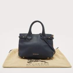 Pre Owned Burberry Navy Blue/Beige House Check Fabric and Leather Small Banner Tote