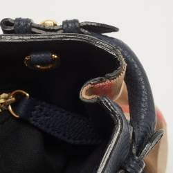 Pre Owned Burberry Navy Blue/Beige House Check Fabric and Leather Small Banner Tote