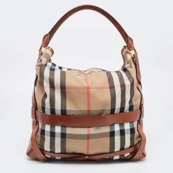 Pre Owned Burberry Brown/Beige House Check Canvas and Leather Medium Bridle Gosford Hobo