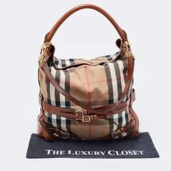 Pre Owned Burberry Brown/Beige House Check Canvas and Leather Medium Bridle Gosford Hobo