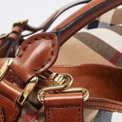 Pre Owned Burberry Brown/Beige House Check Canvas and Leather Medium Bridle Gosford Hobo