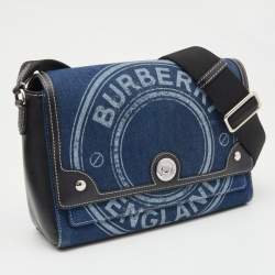 مملوكة مسبقًا Burberry Blue/Black Denim And Leather Note Logo Print Crossbody Bag