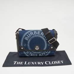 مملوكة مسبقًا Burberry Blue/Black Denim And Leather Note Logo Print Crossbody Bag