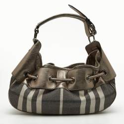 Pre Owned Burberry Metallic  Housecheck Fabric and Leather Warrior Hobo
