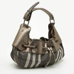 Pre Owned Burberry Metallic  Housecheck Fabric and Leather Warrior Hobo