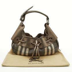 Pre Owned Burberry Metallic  Housecheck Fabric and Leather Warrior Hobo