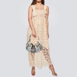 Pre Owned Burberry Metallic  Housecheck Fabric and Leather Warrior Hobo