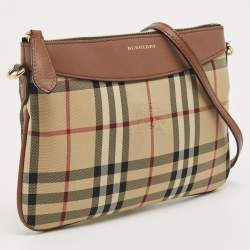 Pre Owned Burberry Brown/Beige Haymarket Check Canvas and Leather Peyton Crossbody Bag