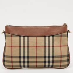 Pre Owned Burberry Brown/Beige Haymarket Check Canvas and Leather Peyton Crossbody Bag