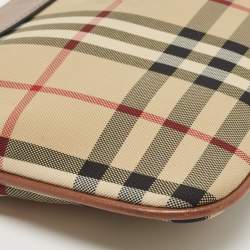 Pre Owned Burberry Brown/Beige Haymarket Check Canvas and Leather Peyton Crossbody Bag